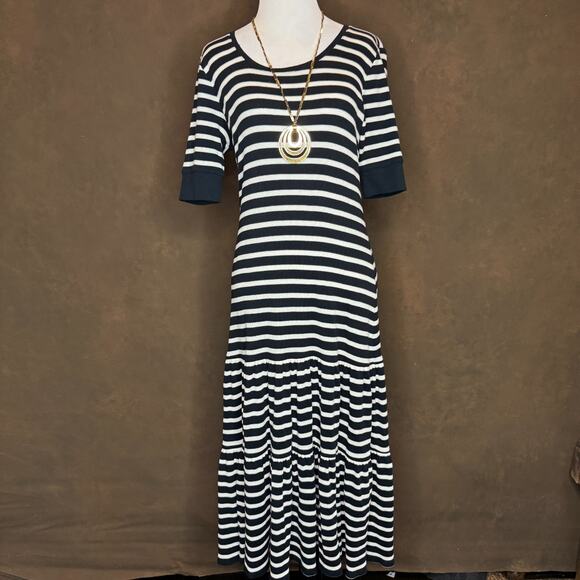 Lauren Ralph Lauren Women's Black & White Striped Stretch Cotton Midi Dress L - Picture 1 of 12